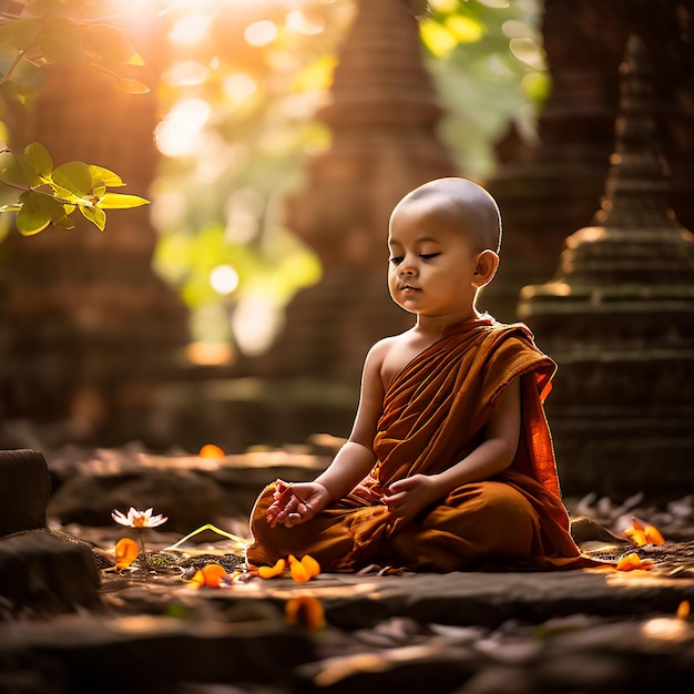 a small child sits in front of a stone wall with flowers in the background