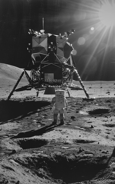 Photo a small child stands in front of a space shuttle on the moon