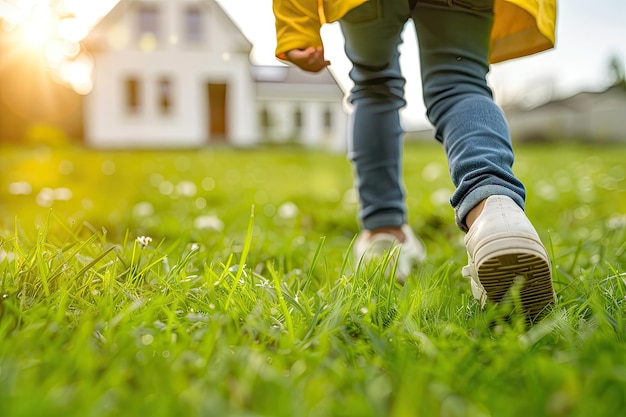 A small child walks in lush green grass toward a home capturing a moment of childhood exploration and discovery in nature