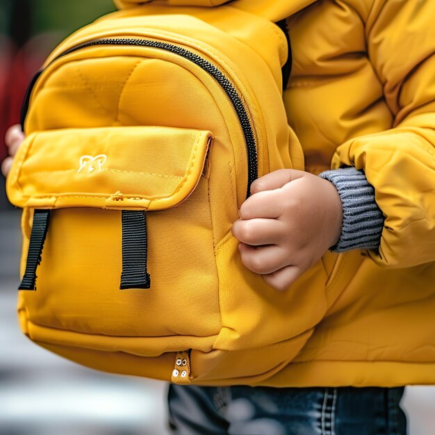 A small child wearing or holding school backpack with a zipper walking down a street Back to school