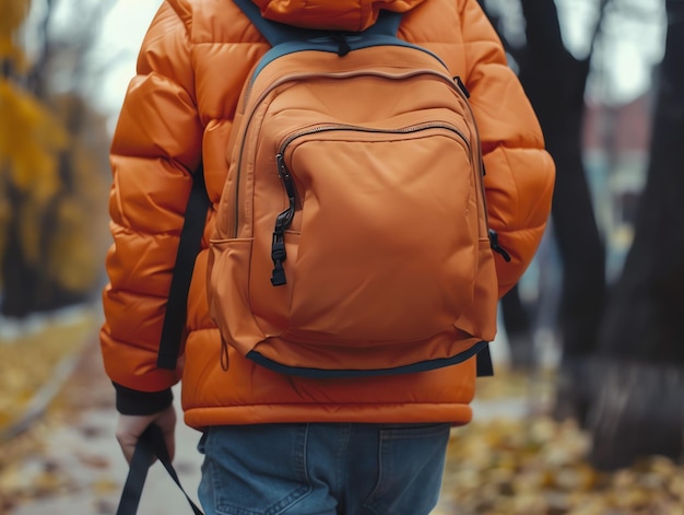 A small child wearing or holding school backpack with a zipper walking down a street Back to school