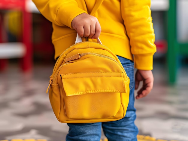 A small child wearing or holding school backpack with a zipper walking down a street Back to school