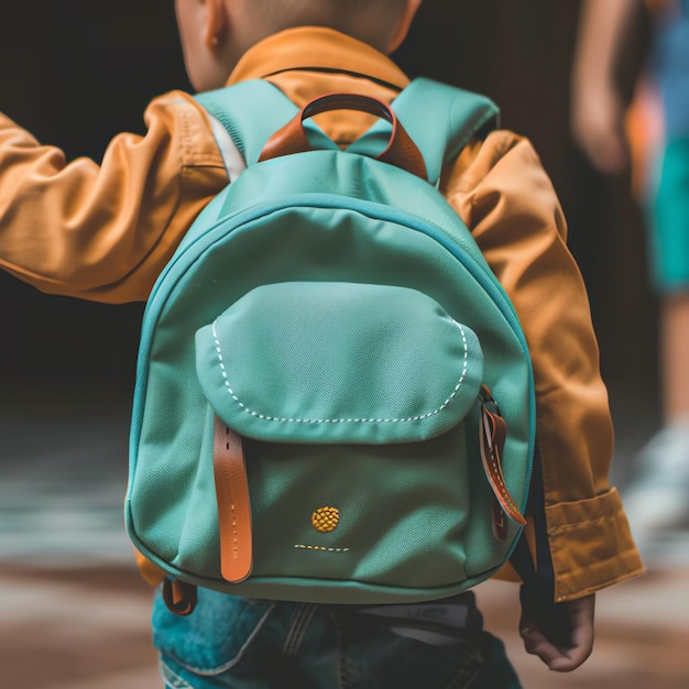 A small child wearing or holding school backpack with a zipper walking down a street Back to school