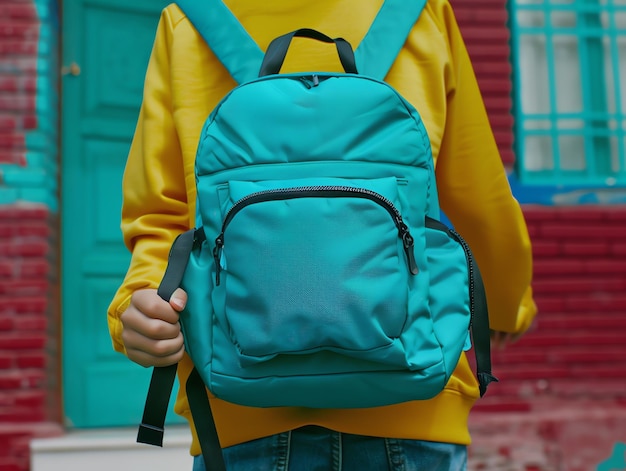 A small child wearing or holding school backpack with a zipper walking down a street Back to school