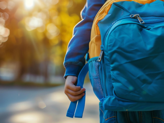 Photo a small child wearing or holding school backpack with a zipper walking down a street back to school