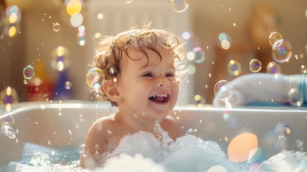 A Small Child39s Joyful Splash in a BubbleFilled Bathtub with SoftComforting Lighting