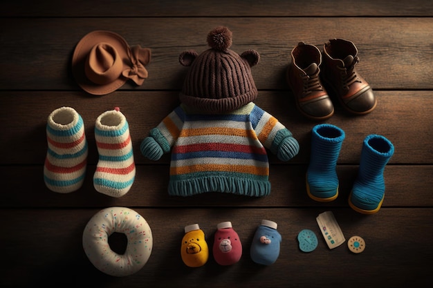 Small childrens shoes and clothes on wooden floor set of socks created with generative ai