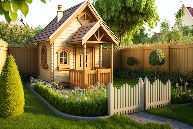 Small childrens wooden house in flower garden in yard of home cozy backyard