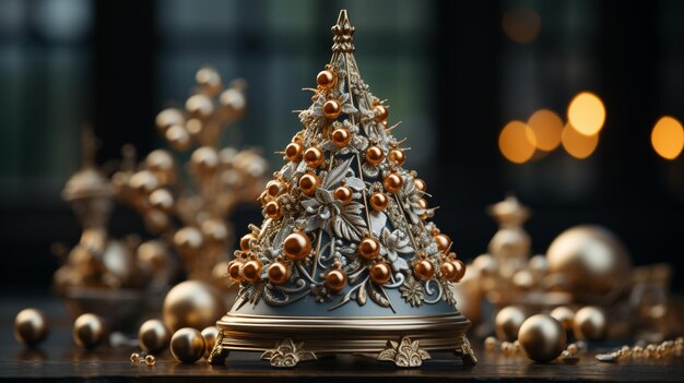 a small Christmas tree decorated with gold bells