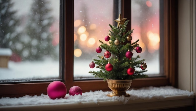 A small Christmas tree and a large Christmas tree are sitting on a snowy window sill The trees are