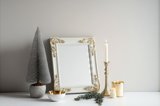 Small Christmas tree with presents candles and mirror on table near light wall