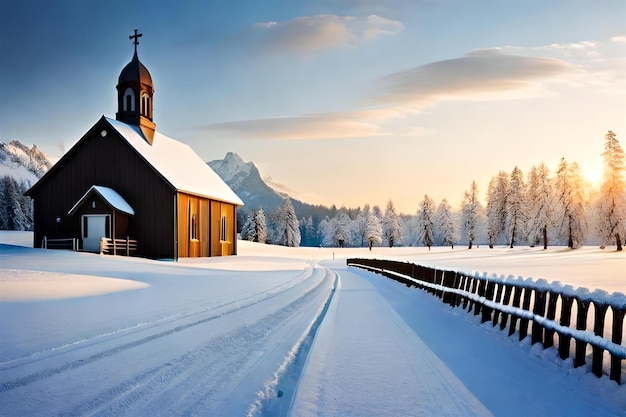 A small church in a snowy landscape with a snowy mountain in the background