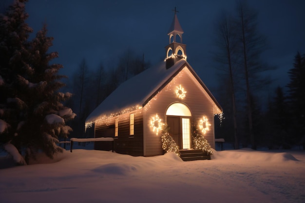 A small church with christmas lights on the front