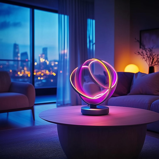 A small circular LED device with purple and pink lights casts colorful shadows in the living room