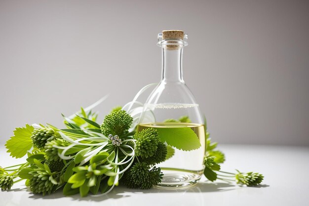 A small clear glass bottle containing a sprig of green leaves and white flowers