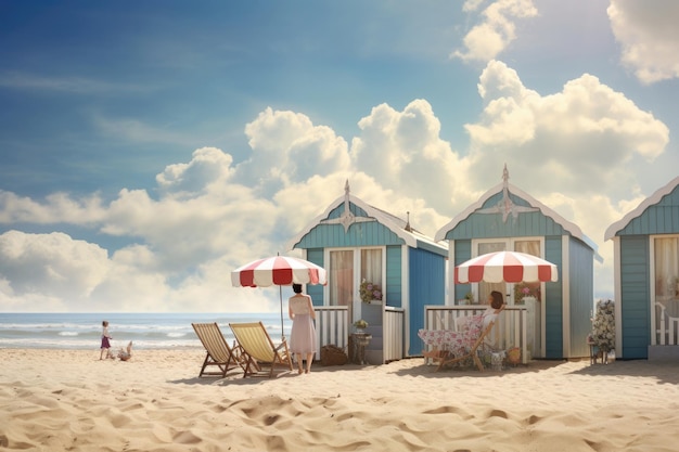 Small colorful beach houses on seashore Colored huts on sand beach near ocean Summer holidays concept Created with Generative AI