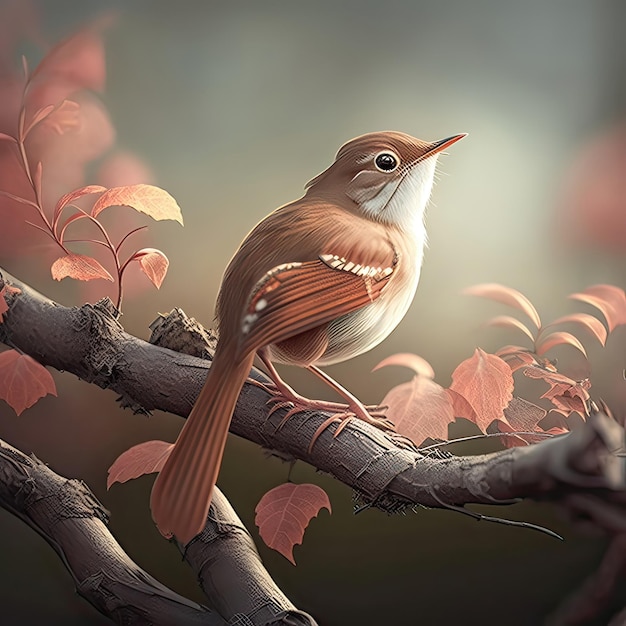 A small colorful bird perched on a branch its feathers ruffled by a gentle breeze The bird's bright plumage stands out against the green foliage of the tree AI