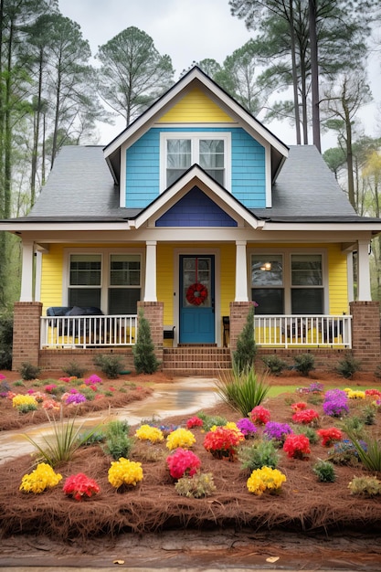 Photo small colorful cottage house with a garden full of flowers