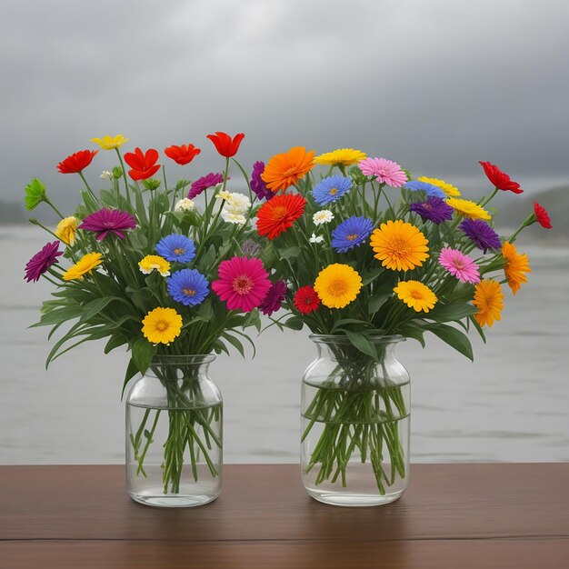 Small colorful warm flowers colorful flowers cloudy rainy view in flower vase generated AI