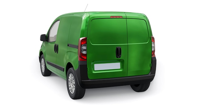 Small commercial green delivery van on a white background Courier delivery of orders 3d rendering