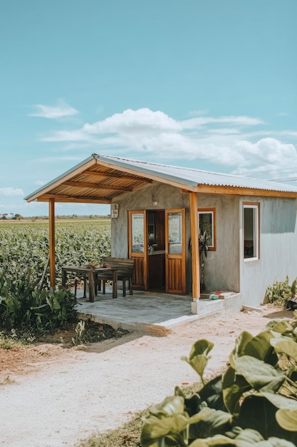 Small Concrete House with Wooden Porch and Table