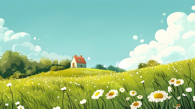 Small cottage on a hill surrounded by a vast field of flowers under a bright blue sky