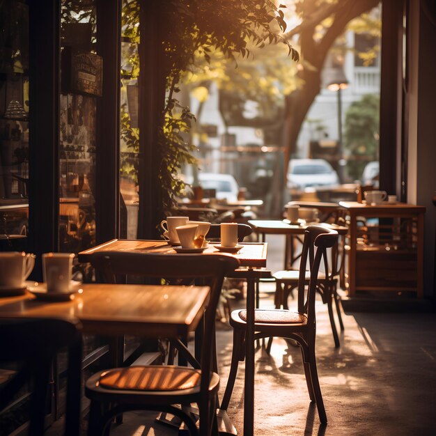 A small cozy cafe with wooden tables and chairs serving