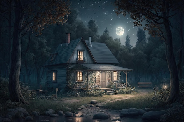 Small cozy cottage in forest on background of moonlight exterior of a classic house at night