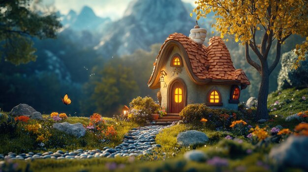 Photo a small cozy cottage with a curved roof sits in an enchanting forest clearing surrounded by vibrant flowers and warm lights