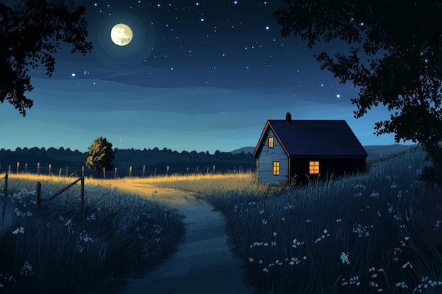 A small cozy cottage with a warm light in the window sits on a grassy hill bathed in the soft glow of moonlight surrounded by a starry night sky