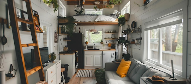 Photo a small and cozy living space with a loft bed a kitchen and a couch