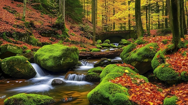 A small creek runs through a mossy forest with autumn leaves on the ground with a stone bridge in the background