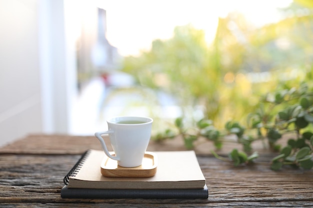 Small cup of coffee and notebooks and Peperomia Hope plant