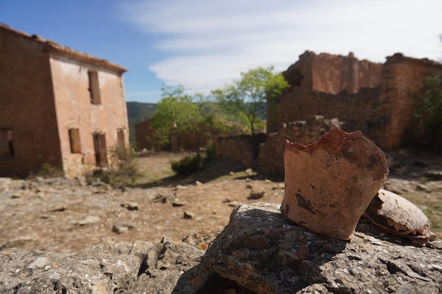 A small cup on a rock in front of a house