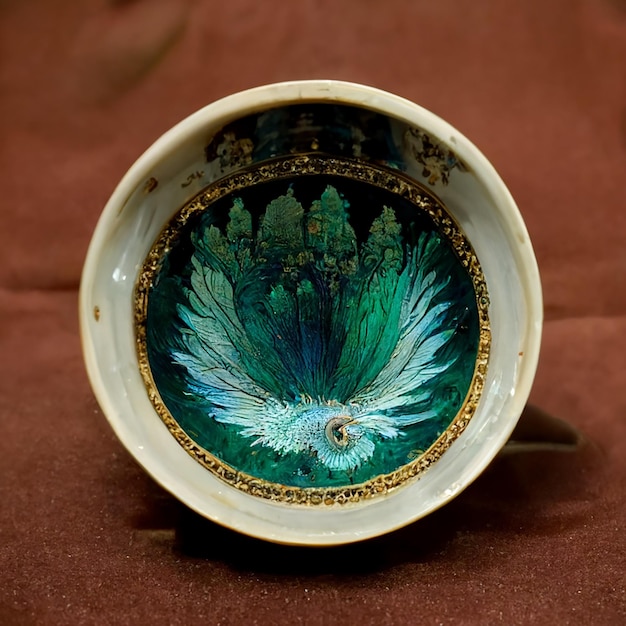 A small cup with a bird on it that is painted with a gold border.