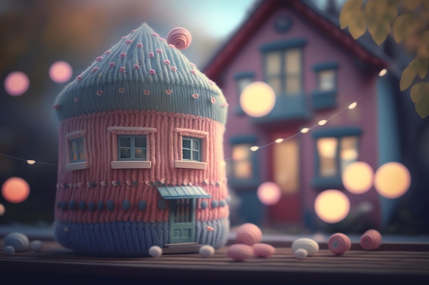 A small cupcake house with a pink roof and a blue awning.