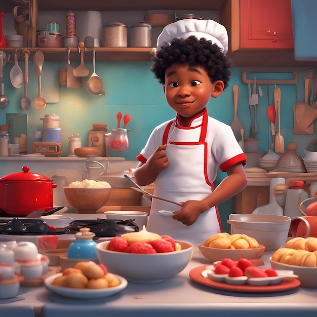 A small curious black boy standing in the kitchen environment