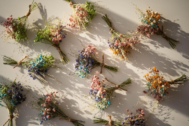 Small cute beautiful bouquets of dried flowers