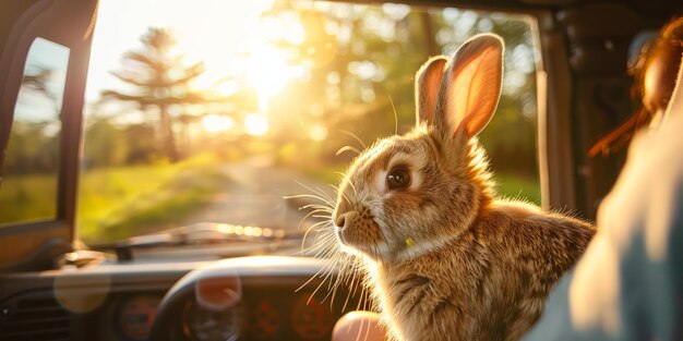 Photo small cute bunny is sitting in the drivers seat of the car and holding the steering wheel with his