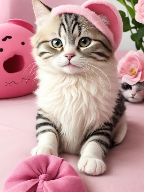 Small and cute cats with roses background