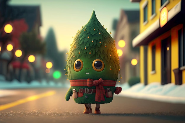 Small cute christmas tree character walking in town on street