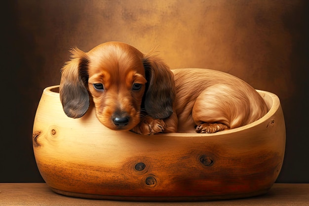 Small cute dachshund dog sitting in wooden bowl generative ai illustration