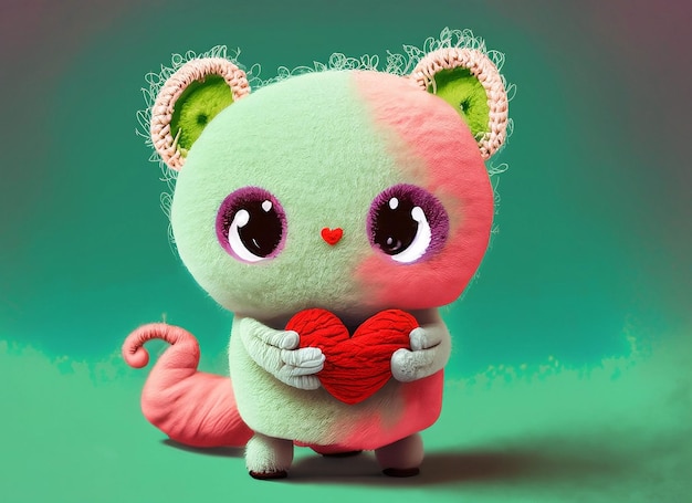 A small cute illustrated fantasy pastel color creature of wool holding a love heart A baby monster from a children's fairy tale