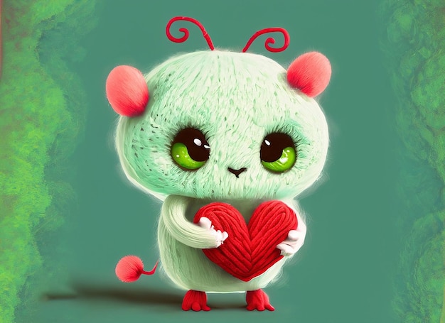 A small cute illustrated fantasy pastel color creature of wool holding a love heart A baby monster from a children's fairy tale