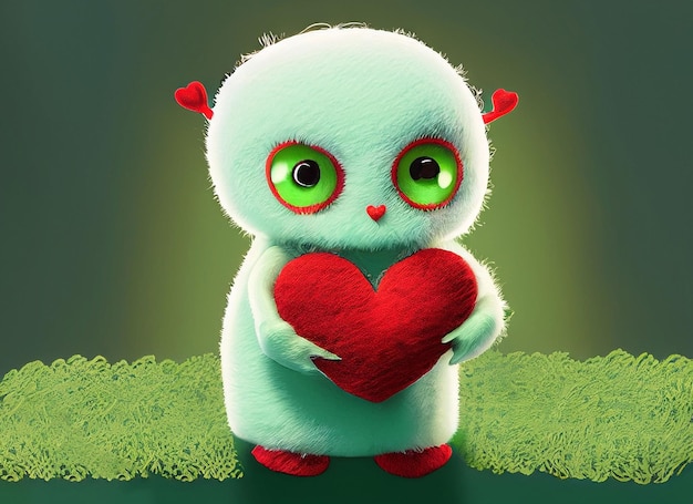 A small cute illustrated fantasy pastel color creature of wool holding a love heart A baby monster from a children's fairy tale