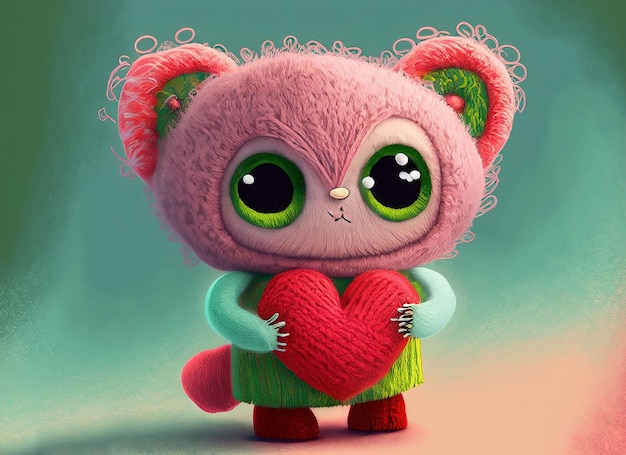 A small cute illustrated fantasy pastel color creature of wool holding a love heart A baby monster from a children's fairy tale