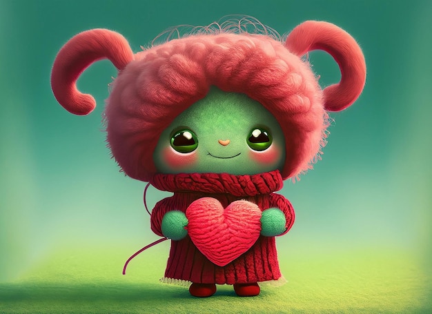 A small cute illustrated fantasy pastel color creature of wool holding a love heart A baby monster from a children's fairy tale