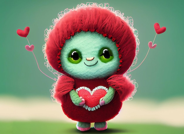 A small cute illustrated fantasy pastel color creature of wool holding a love heart A baby monster from a children's fairy tale