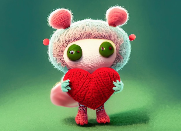 A small cute illustrated fantasy pastel color creature of wool holding a love heart A baby monster from a children's fairy tale