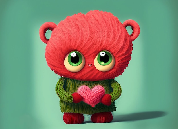 A small cute illustrated fantasy pastel color creature of wool holding a love heart A baby monster from a children's fairy tale